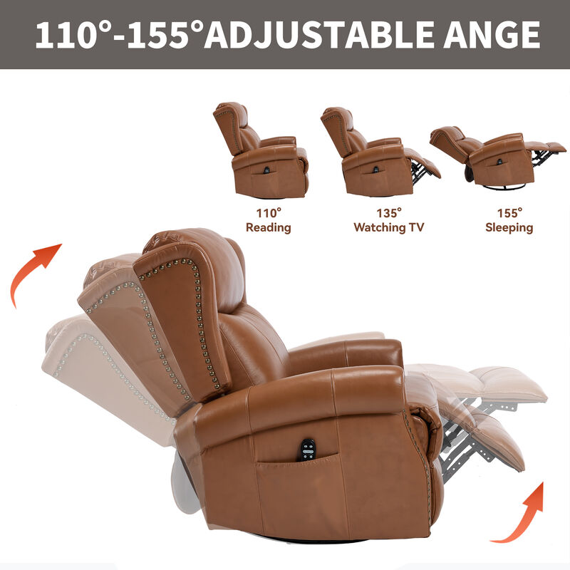 Genuine leather Heat Massage Manual Recliner Chair with Rocker and Swivel for Living Room image number 6