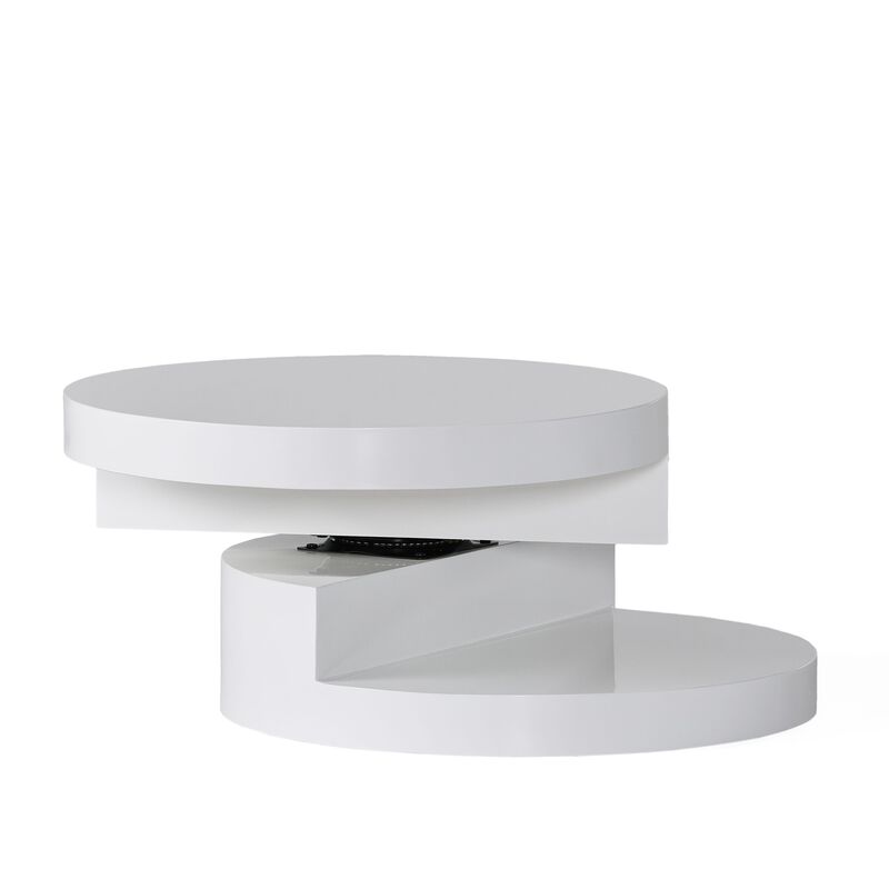 Coffee Table, Open Shelf, Rotating 24 Inch Modern Round White Top