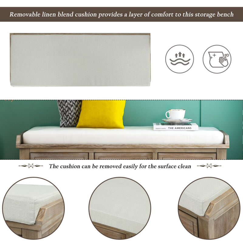 Rustic Storage Bench With 3 Drawers And 3 Rattan Baskets, Shoe Bench For Living Room