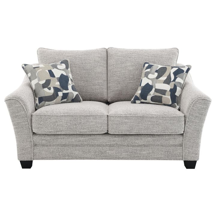 Kito Loveseat, 61 Inch Modern Light Gray Fabric, 2 Accent Pillows - Benzara