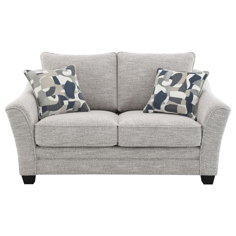 Kito Loveseat, 61 Inch Modern Light Gray Fabric, 2 Accent Pillows - Benzara