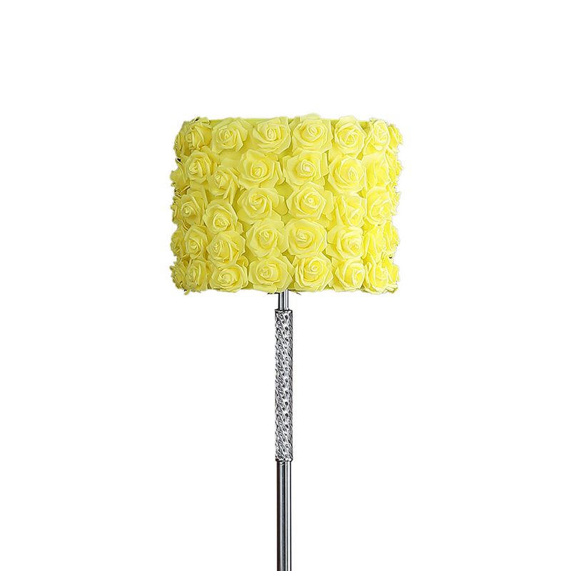 Finn 63 Inch Glamorous Floor Lamp, Rose Accent Shade, 100W, Yellow, Silver-Benzara