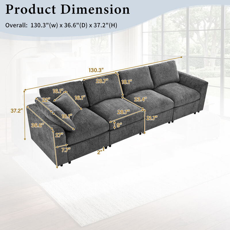Merax 130" Modular Sectional Sofa with Chenille Fabric, 4-Seater, Pocket Spring Cushions image number 5