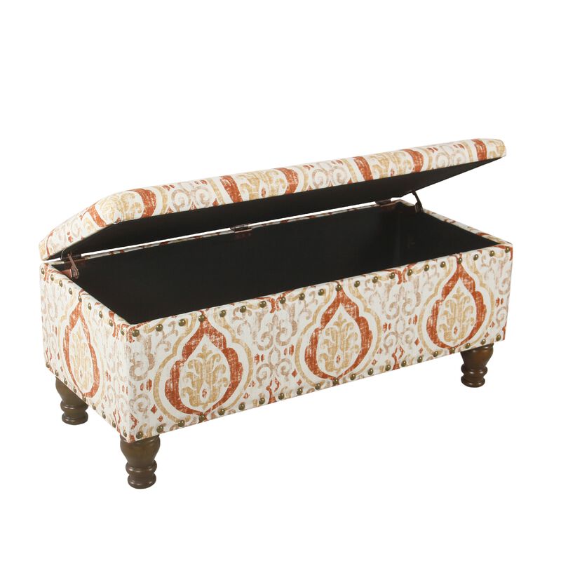 Ava Storage Accent Bench, 42 Inch Orange and Cream Medallion Design image number 2