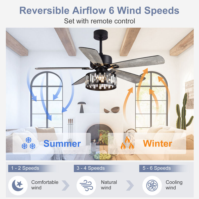 Breezary 52In Traditional Ceiling Fan with Light Kit, 5 Blades, E12 Bulbs need, 6 Speed, Reversible Indoor Ceiling Fan image number 3