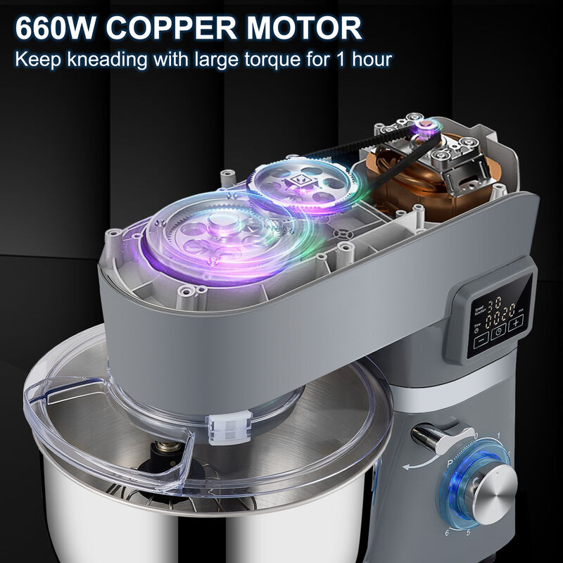 VEVOR 5 IN 1 Stand Mixer, 660W Tilt-Head Multifunctional Electric Mixer with 6 Speeds LCD Screen Timing, 7.4 Qt Stainless Bowl, Dough Hook, Flat Beater, Whisk, Scraper, Meat Grinder, Juice Cup - Gray