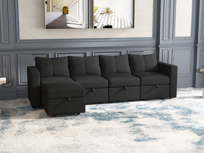 Modular 4-Seat Sectional Sofa with Wooden Frame and Chaise, Convertible Sofa with Pull-Out Bed, Available in Black, White, and Gray,109" L x 54.5" W x 34" H
