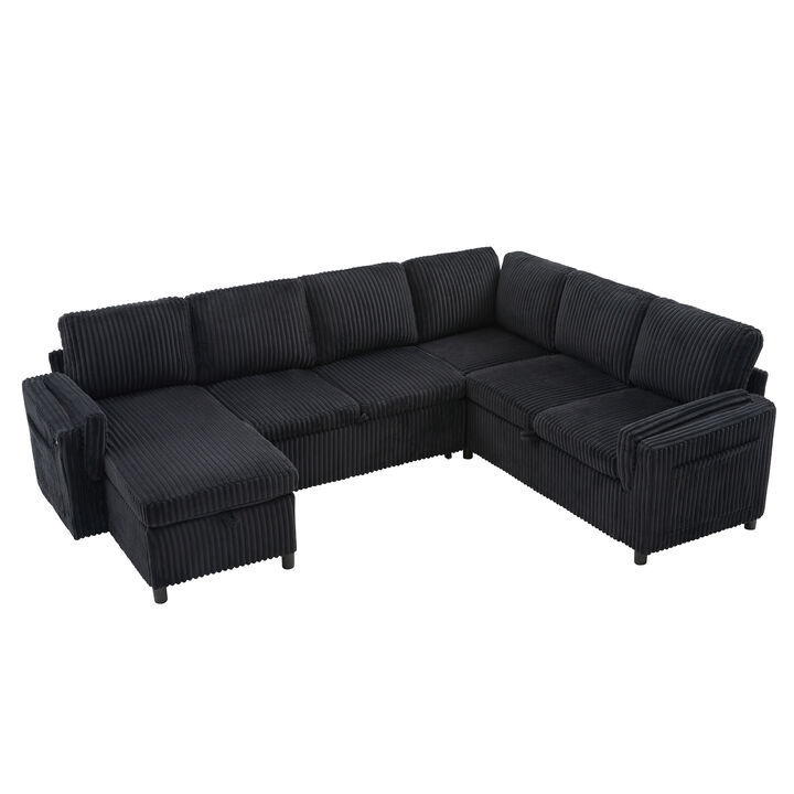 Merax U-Shaped Sectional Sleeper Sofa with Storage, USB & Reversible Chaise &ndash; Corduroy Fabric