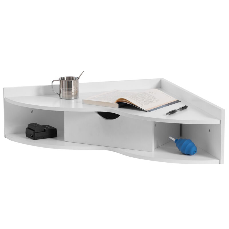 Basicwise Wall Mounted Folding Table with Drawer - Floating Space-Saving Solution for Home Office, Bedroom, Laundry Room - Hideaway Secretary, Shelves, Modern White, Compact Design, 23.5 x 33 x 7 in image number 0