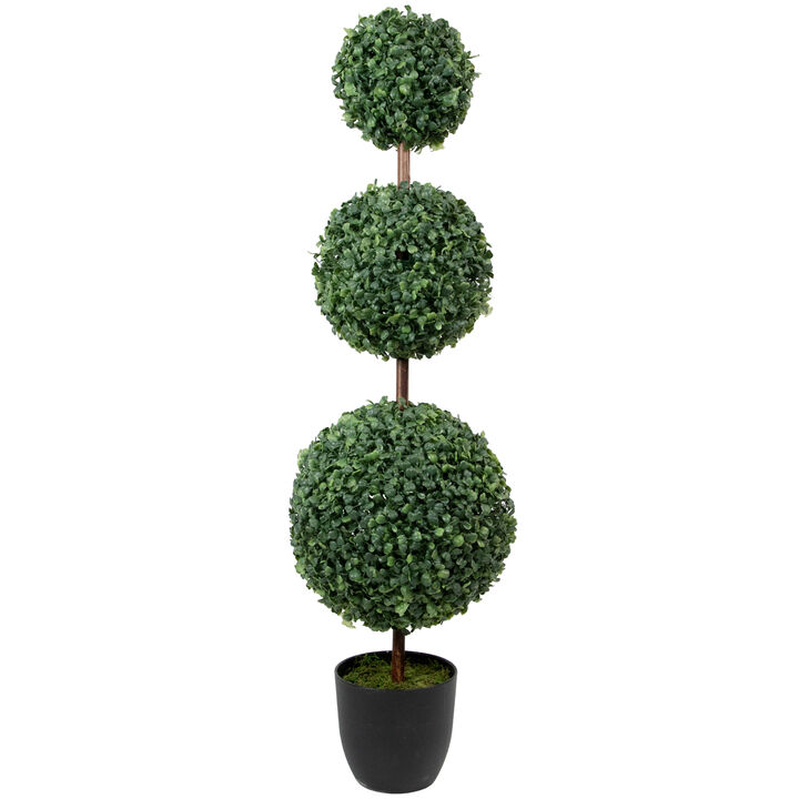 38" Artificial Two-Tone Boxwood Triple Ball Topiary Tree with Round Pot  Unlit