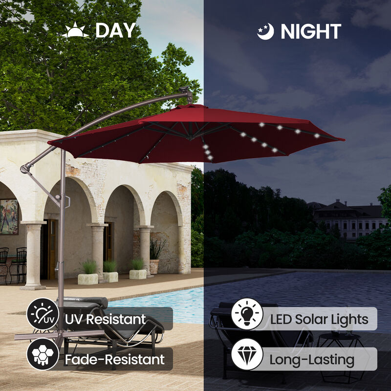 lighted offset patio umbrellas Best Choice Products 10ft Solar LED Hanging Outdoor Market Umbrella w/ Adjustable Tilt tilt system allow you to adjust the shade and block the sun at all angles PURPLE LEAF SUNBRELLA Umbrella With