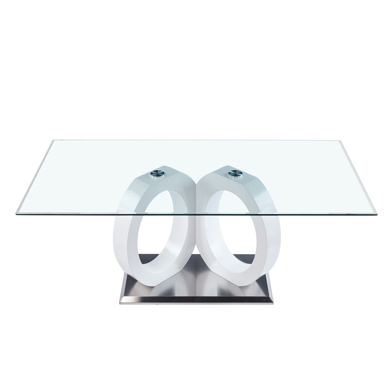 Modern Design Tempered Glass Dining Table with White MDF Middle Support and Stainless Steel Base