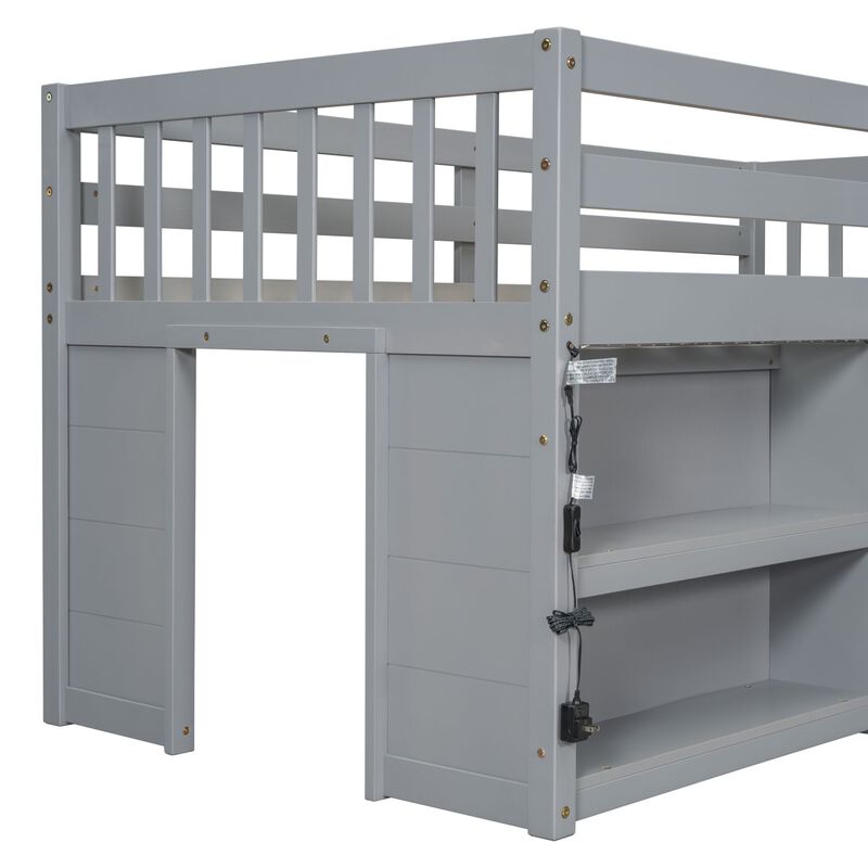 Whisen Twin Size Kid Low Loft Bed With Two-Tier Shelves And LED Light