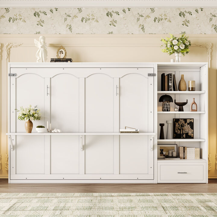 Merax Queen Size Murphy Bed with Height Adjustable Storage Compartments and Shelf