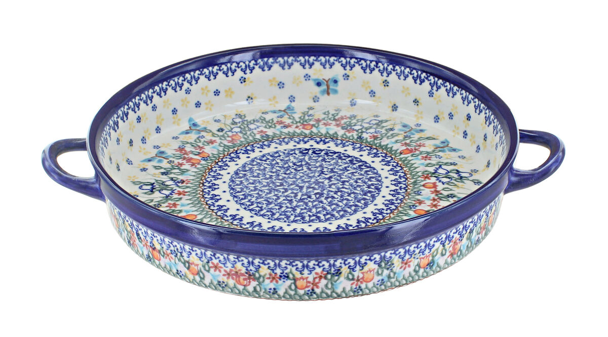 Blue Rose Polish Pottery Spring Blossom Large Round Baker with Handles