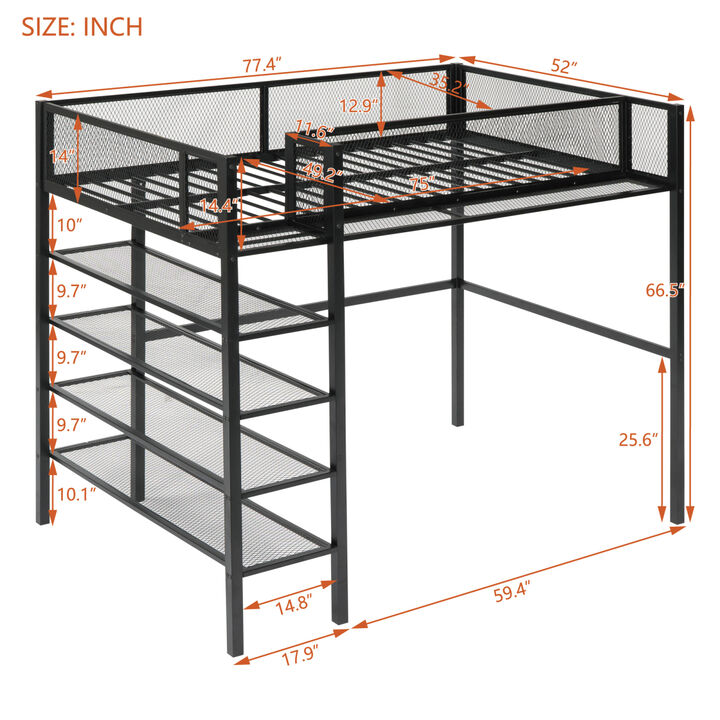 Twin Size Metal Loft Bed with 4Tier Shelves and Storage, Black