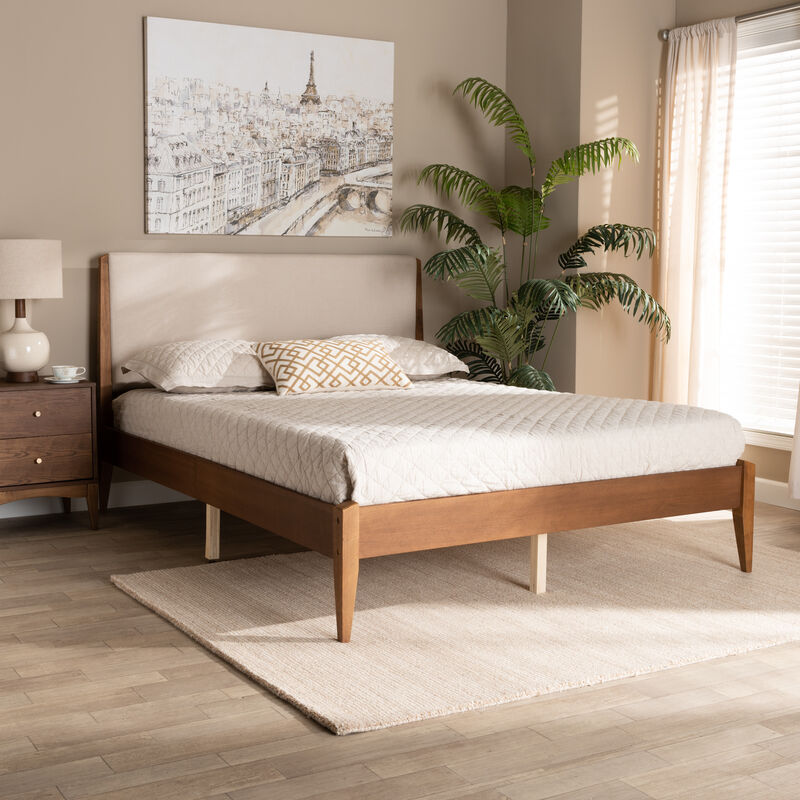 Baxton Studio Lenora Beige Fabric Upholstered And Walnut Finished Wood Full Size Platform Bed