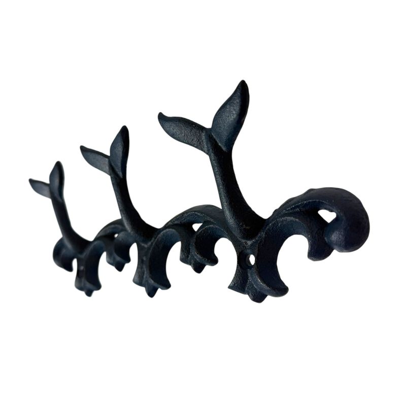 Set Of 2 Whale Tail Wall Hooks Cast Iron Blue Coastal Triple Hook 105 In image number 3