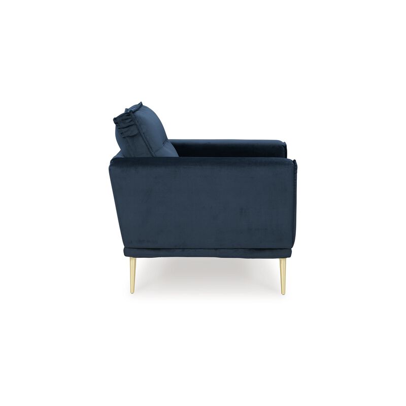 Maca 35 Inch Accent Chair, Navy Blue Polyester and Brass Metal Legs - Benzara
