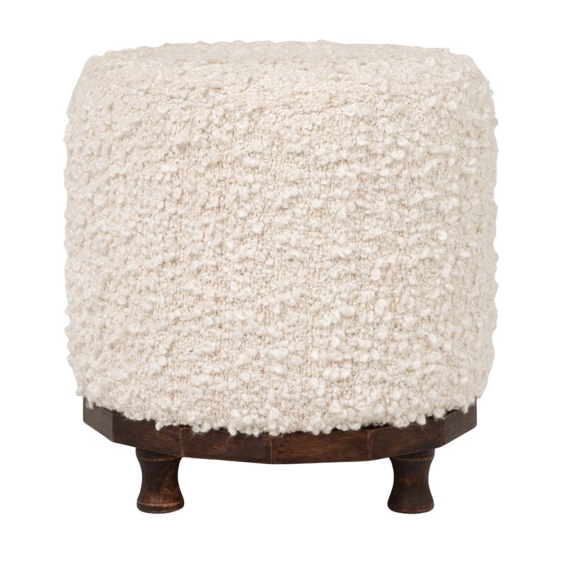 Boucle Upholstered Cotton Woven Stool with Dark Wood Tapered Legs, Ivory image number 3