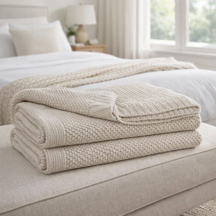 70 x 54 Leri Throw Blanket, Set of 3, Machine Knitted Gray Cotton