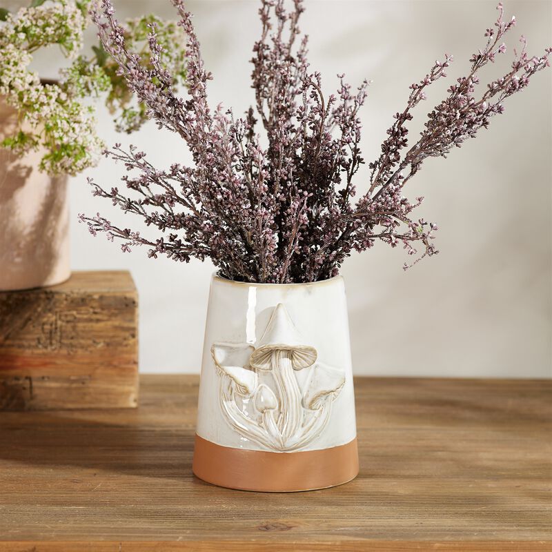 Set of 2 Tapered Porcelain Planters with Mushroom Accents for Indoor Decor
