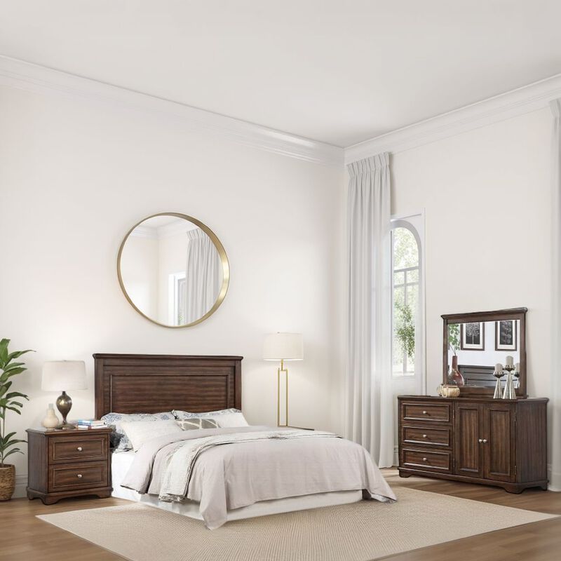 Fori 4 Piece Queen Size Bedroom Set, Brown, Nightstand Dresser Mirror
