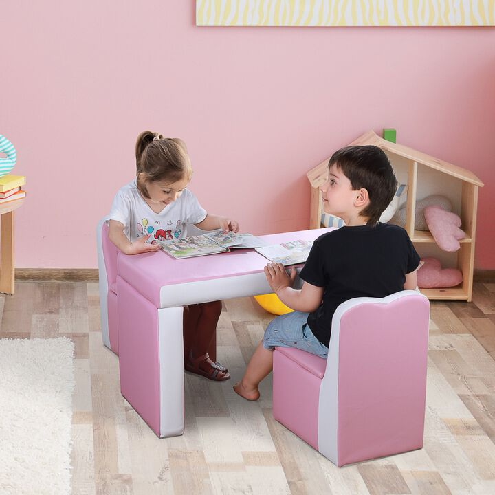 Kids Sofa 2-in-1 Multi-Functional Table Chair Set 2 Seat Couch Storage Box Soft Sturdy Pink