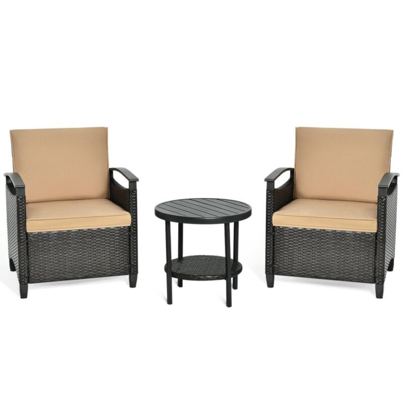 Hivvago 3 Pieces Patio Rattan Furniture Set Cushioned Sofa Storage Table with Shelf Garden