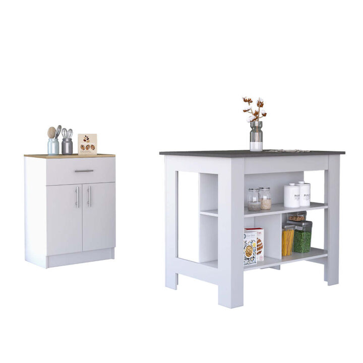 California 2 Piece Kitchen Set, Delos Kitchen Island + Barbados Pantry Cabinet, White /Onyx /Light Oak