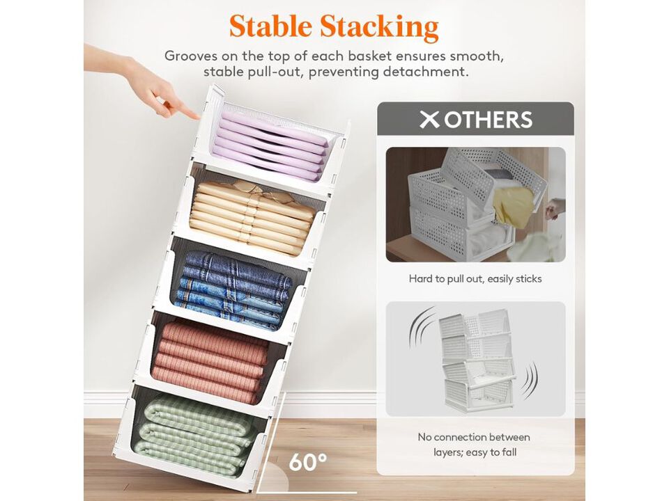 6 Pack Stackable Closet Organizer Baskets Plastic Storage Bins for Clothes