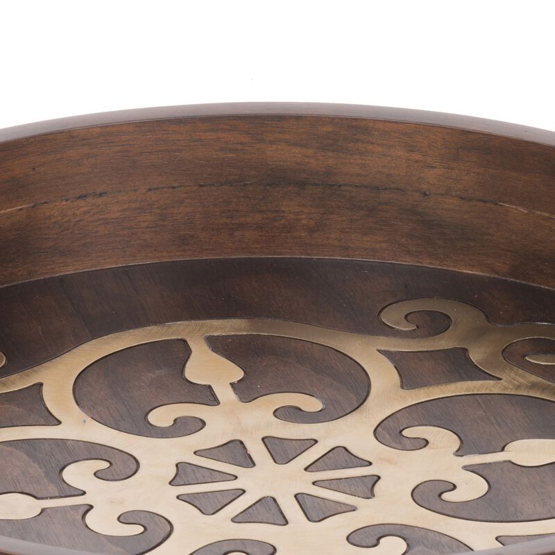 18 Inch Round Decorative Tray, Brass Inlaid Design and Brown Wood Frame-Benzara