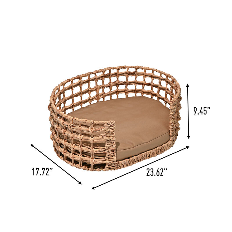 Gigi Modern Bohemian Handwoven Hyacinth Open-Weave Oval Pet Bed with Machine-Washable Cushion
