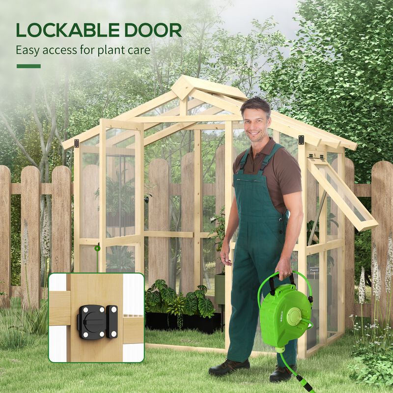 Outsunny 6.5' x 4' x 6.7' Walk-in Polycarbonate Greenhouse with Automatic Temperature Window and Lockable Door, Plant Gardening Hobby Green House with Fir Wood Frame for Backyard