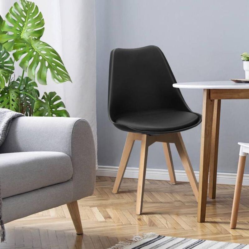 Hivvago Set of 4 Modern Mid-Century Style Black PU Leather Dining Chairs with Wood Legs