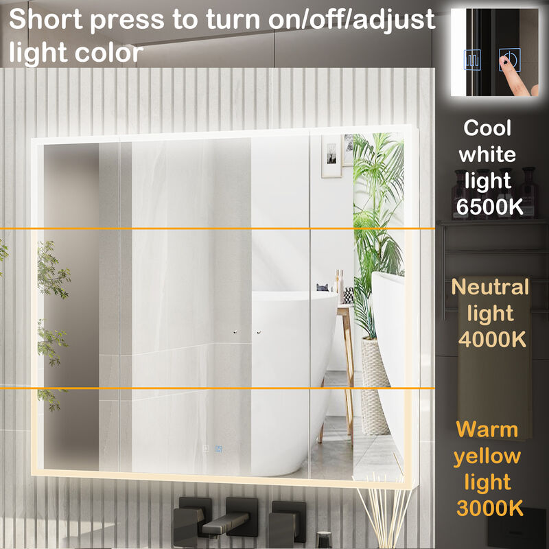 FUFU&GAGA Adjustable 3-Color LED Lighted Mirror Cabinet with Defogger Function and Built-in Storage Shelves, Independent Anti-Fog Switch, (45.9 in. W x 5.1 in. D x 34.6 in. H), White