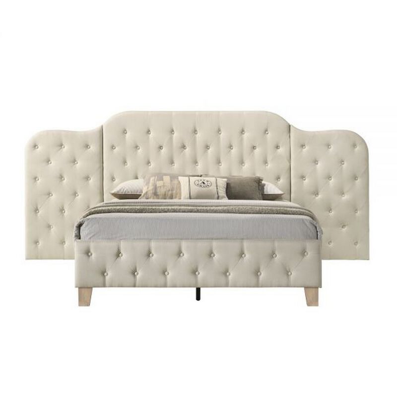 Ronny Inch Queen Size Bed, Wall Headboard, Beige Linen Tufted Upholstery - Benzara