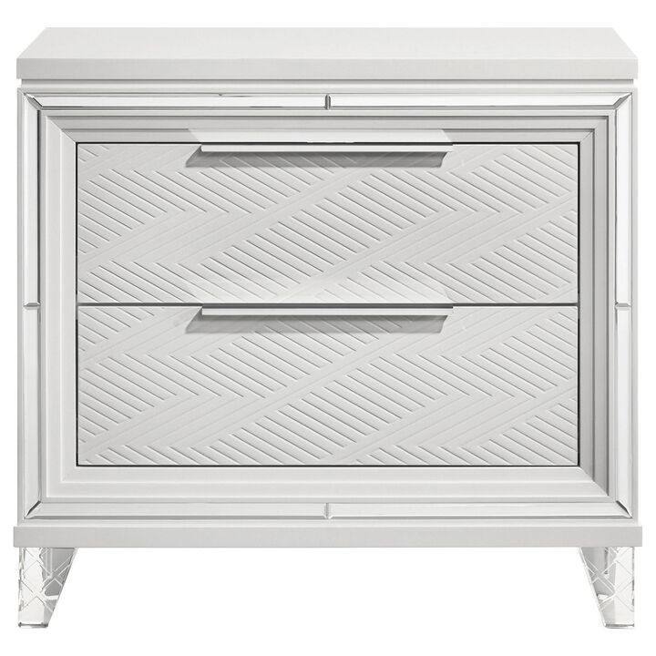 Mory Nightstand, 2 Drawers, Embossed Herringbone Pattern White, Chrome - Benzara