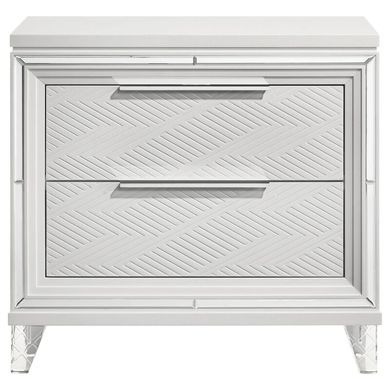 Mory Nightstand, 2 Drawers, Embossed Herringbone Pattern White, Chrome - Benzara