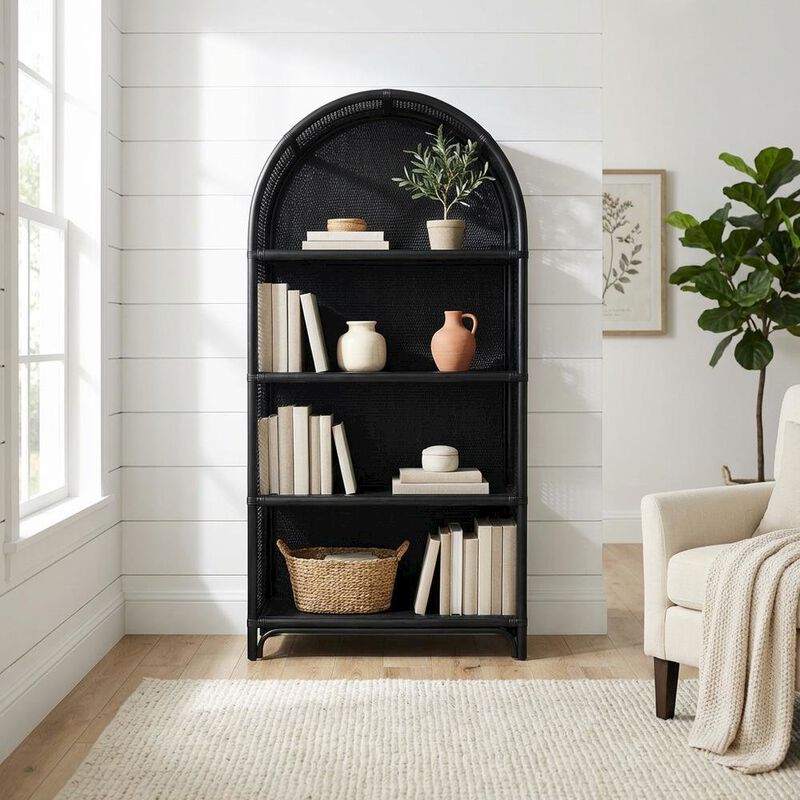 Black Arched Rattan Bookshelf with Slim Shelves and Natural Finish image number 4