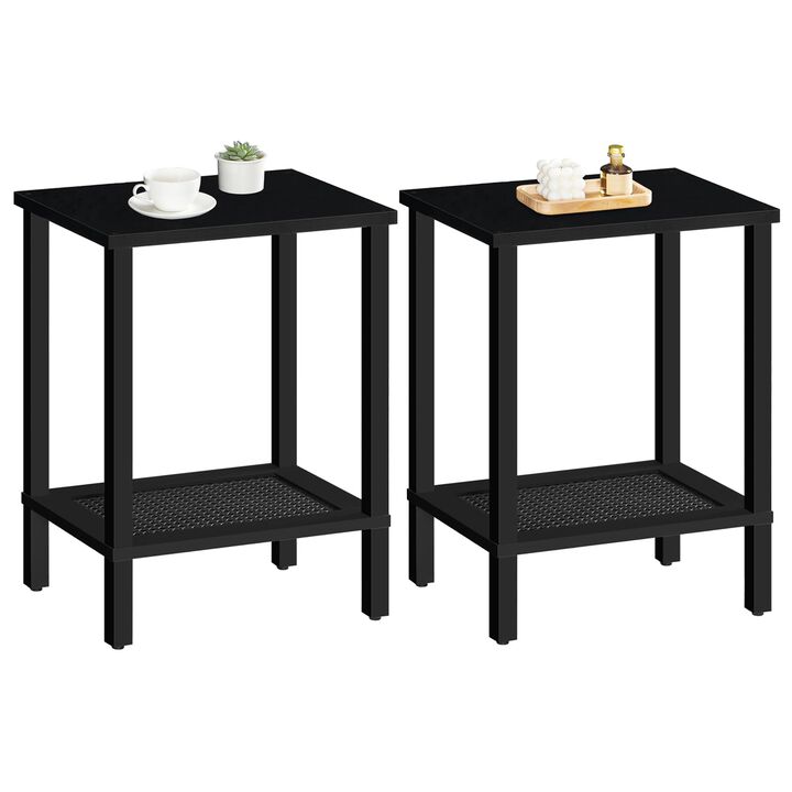 HOOBRO End Tables Set of 2, Side Table with 2-Tier Storage Shelves, Tall Nightstand with Faux Rattan Decoration, Sofa Table for