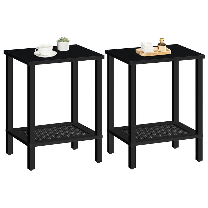 HOOBRO End Tables Set of 2, Side Table with 2-Tier Storage Shelves, Tall Nightstand with Faux Rattan Decoration, Sofa Table for