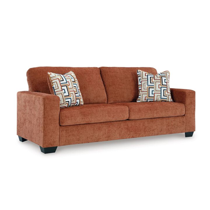 Avie Queen Sofa Sleeper, 2 Accent Pillows, Orange Polyester 85 Inch - Benzara