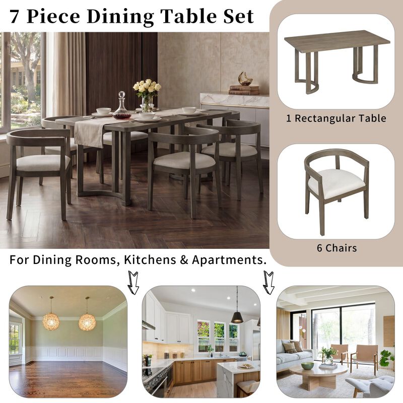 7 Piece Rectangular Dining Table Set with 6 Upholstered Barrel Back Chairs, wood grain kitchen table set, modern dining room table set image number 6