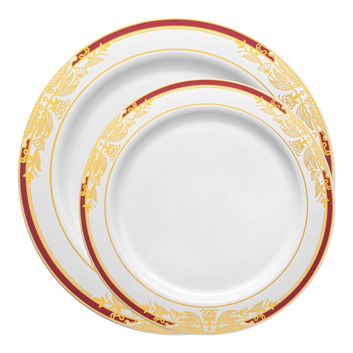 White with Burgundy and Gold Harmony Rim Plastic Dinnerware Value Set (40 Sets)
