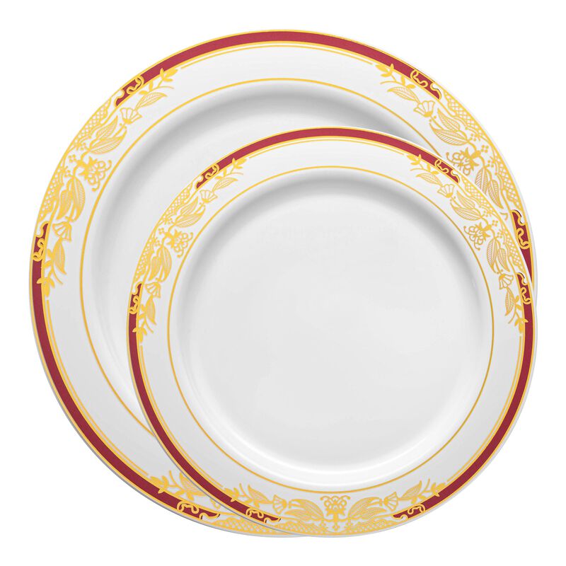 White with Burgundy and Gold Harmony Rim Plastic Dinnerware Value Set (40 Sets) image number 0