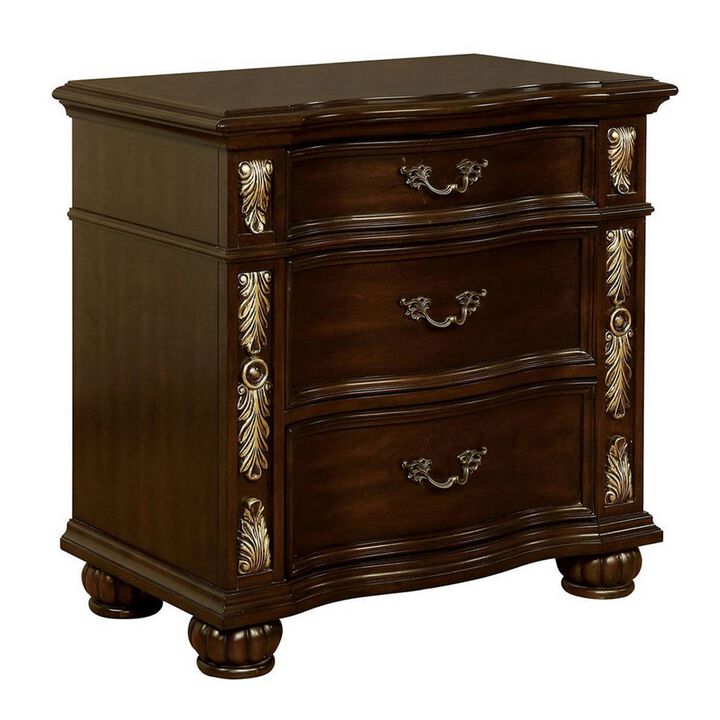 3 Drawer Wooden Nightstand with Decorative Accent and USB Plugin, Brown-Benzara