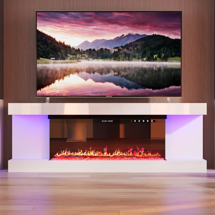 FUFU&GAGA Modern TV Stand with Built-in LED Fireplace (66.5" W x 23.2" H x 13.8" D),White