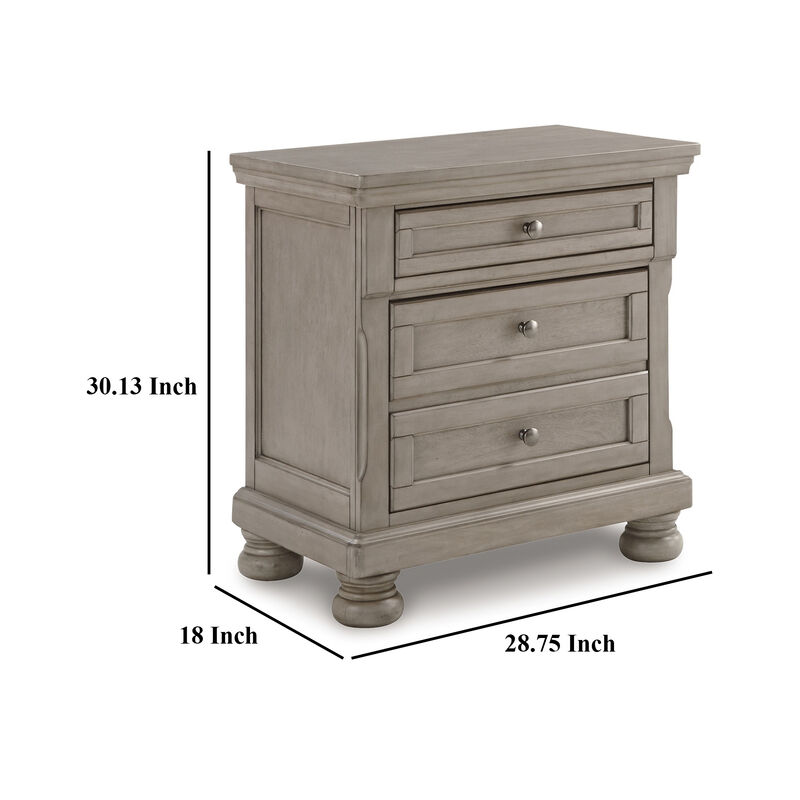 Ryno Nightstand, 2 Drawers, Pull Out Tray, Nickel Round Knobs, Gray - Benzara