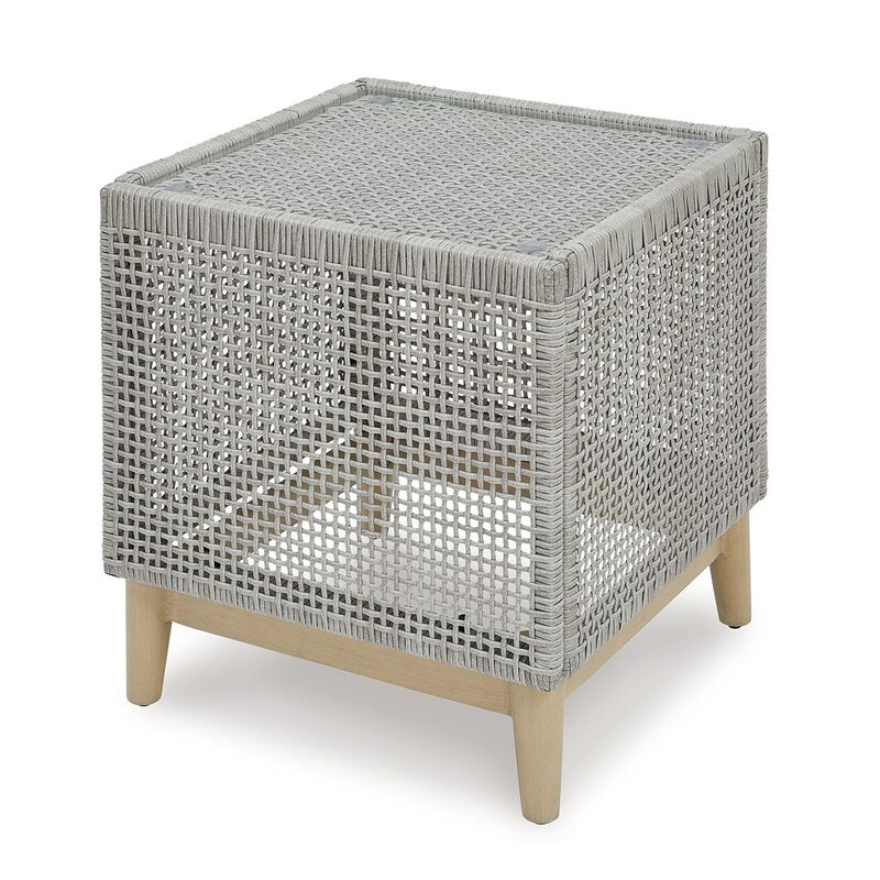 Yami 23 Inch Outdoor Side End Table, Resin Wicker, Tempered Glass Top, Gray - Benzara